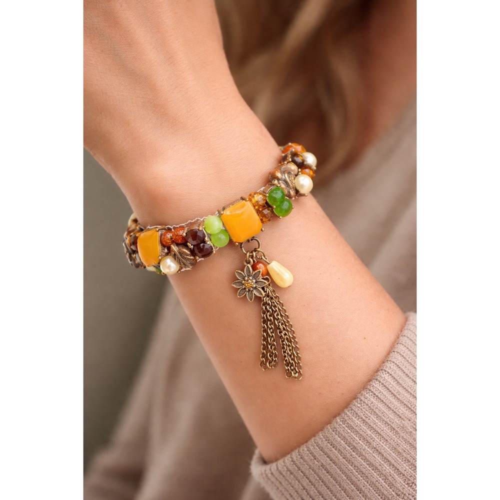 Chunky Charm Bracelet Amber Green Glass Beads Floral‎ Tassel Dangle Statement